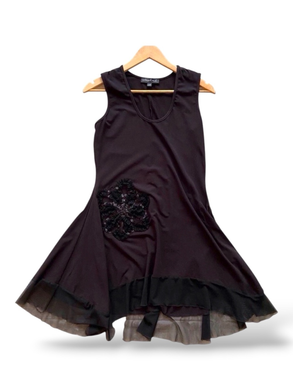 DINH BA little black dress sleeveless jersey mesh asymmetrical floral applique L